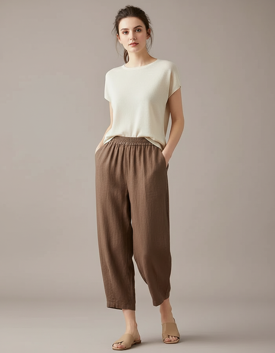 Pantalon Marron Lin Ample Élastique Femme Décontracté