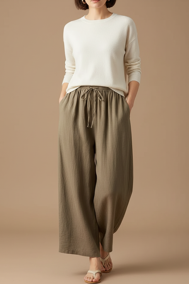 Pantalon Marron Ample Lin Coton Élastique Femme Décontracté - Kaki