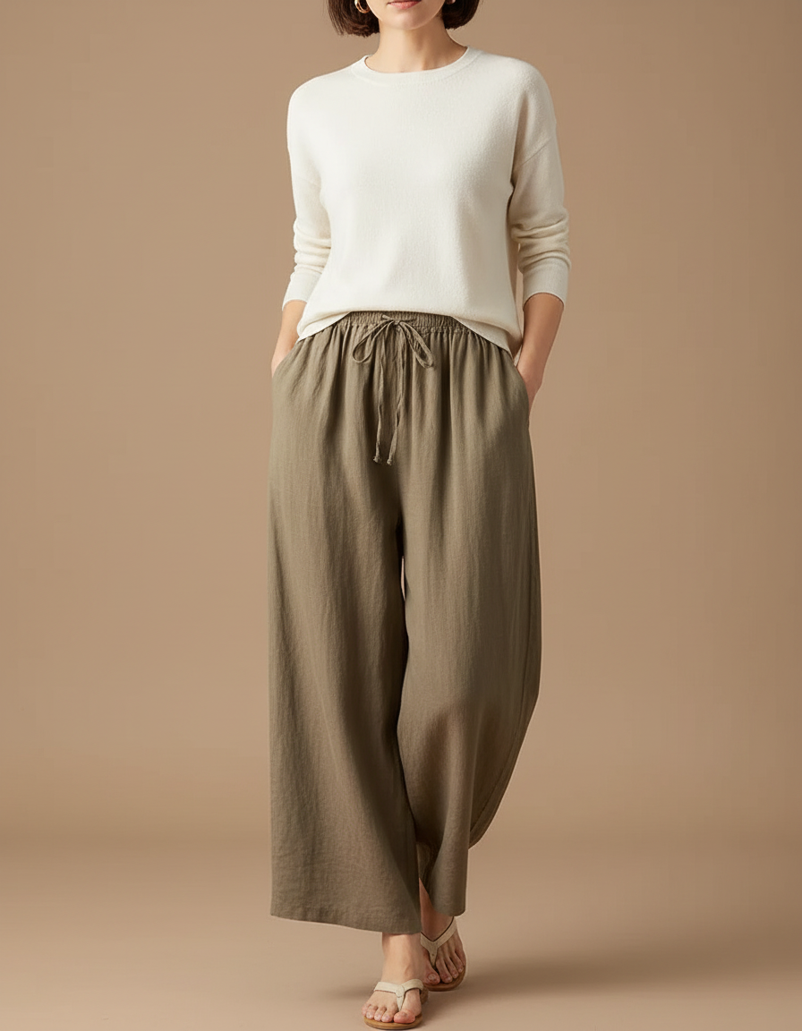 Pantalon Marron Ample Lin Coton Élastique Femme Décontracté - Kaki