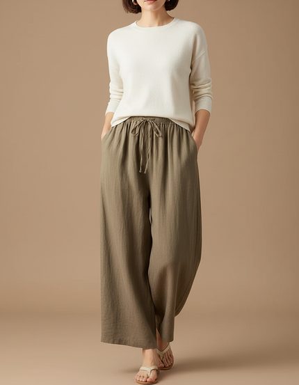 Pantalon Marron Ample Lin Coton Élastique Femme Décontracté - Kaki