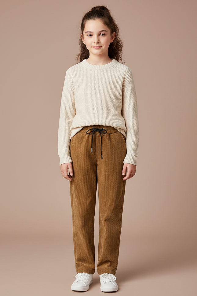 Pantalon Marron Côtelé Droit Décontracté Fille - Cordé