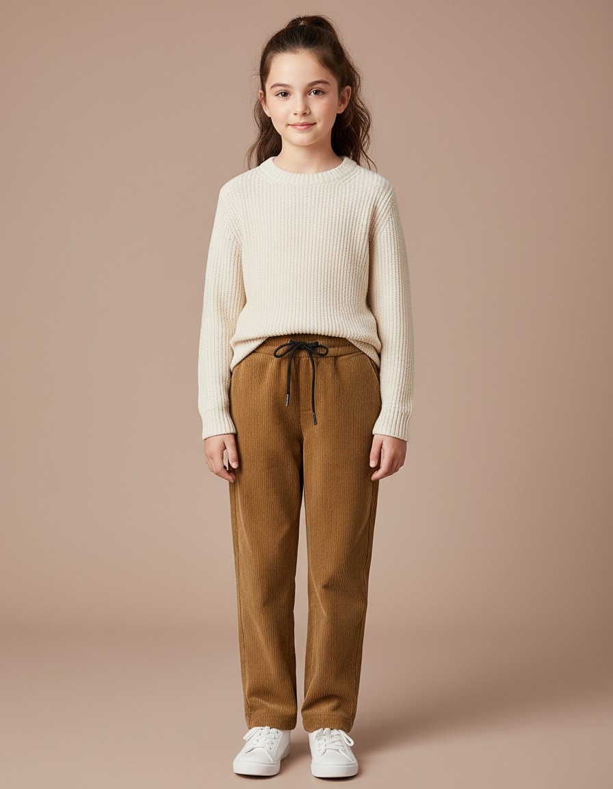 Pantalon Marron Côtelé Droit Décontracté Fille - Cordé