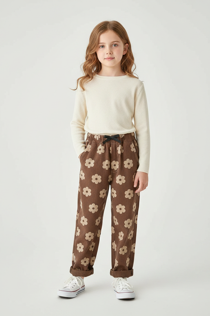 Pantalon Marron Fleuri Harem Coton Enfant - Cordé