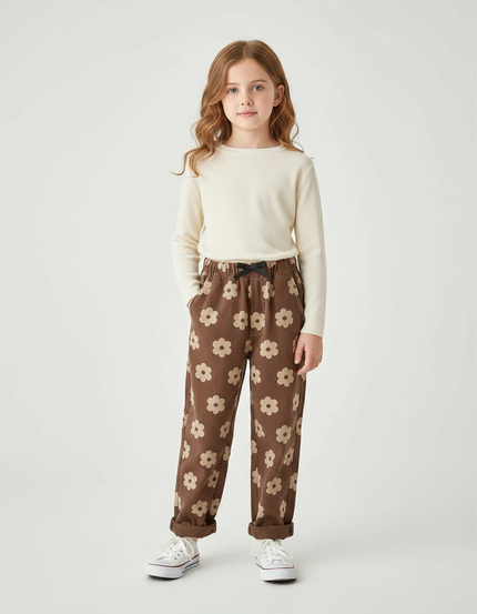 Pantalon Marron Fleuri Harem Coton Enfant - Cordé