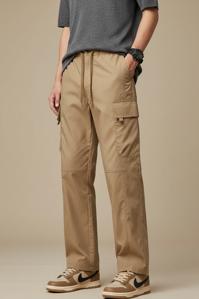 Pantalon Marron Cargo Ample Homme Multipoches Décontracté - Beige Gabardine