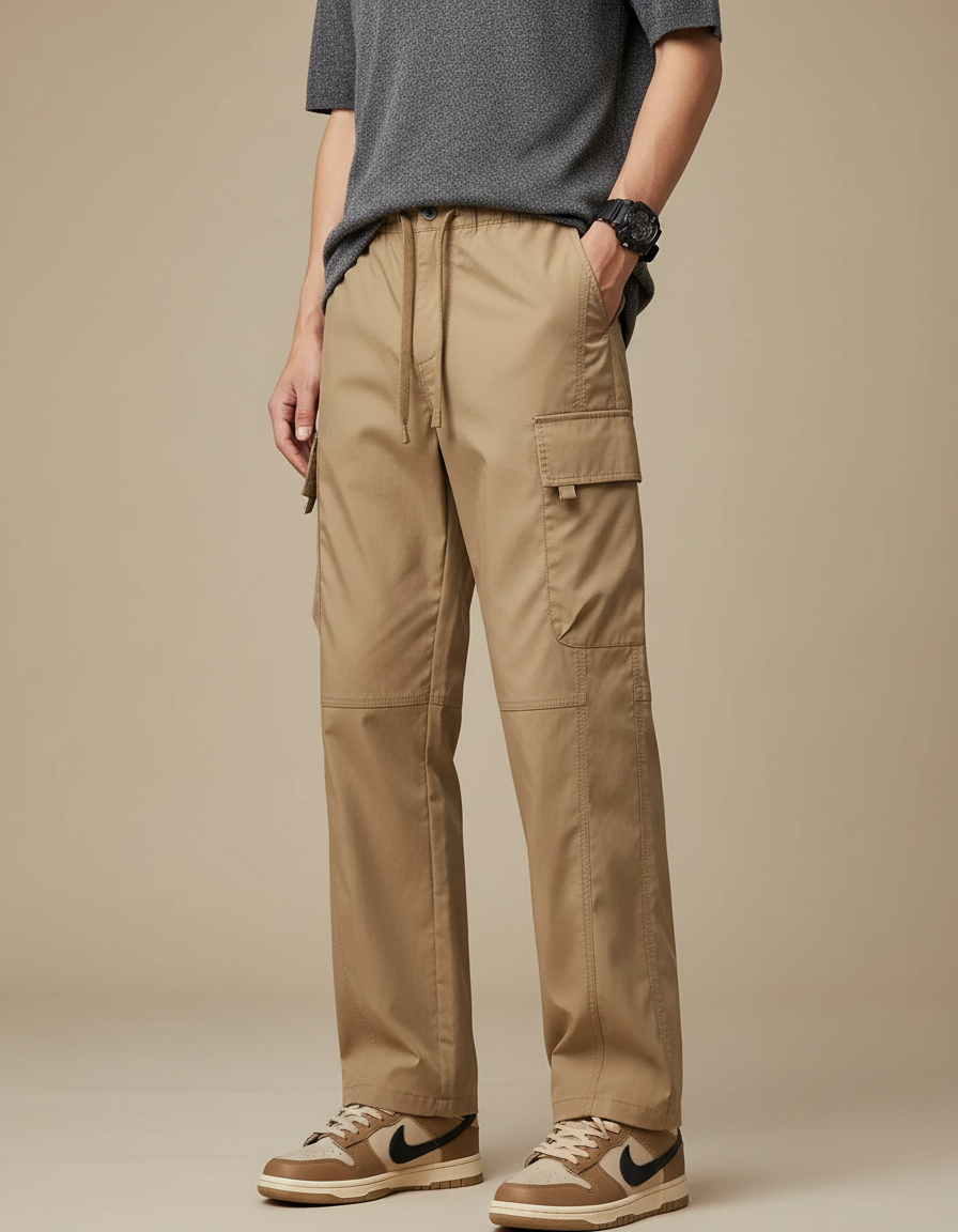 Pantalon Marron Cargo Ample Homme Multipoches Décontracté - Beige Gabardine