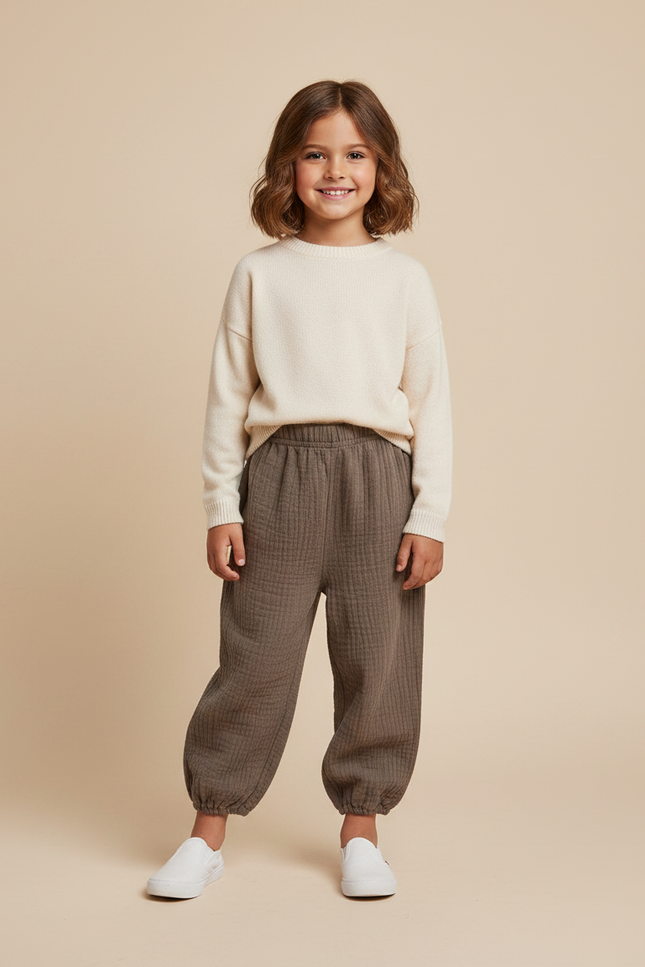 Pantalon Marron Ample Coton Gaufré Enfant - Kaki