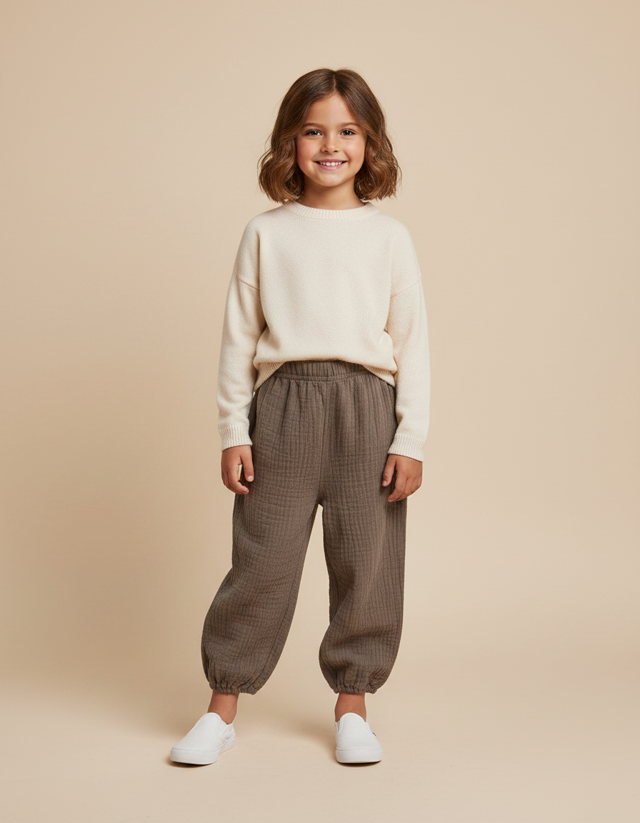 Pantalon Marron Ample Coton Gaufré Enfant - Kaki