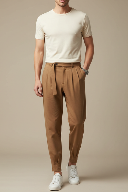 Pantalon Marron Plissé Ceinturé Élégant Décontracté Homme - Gabardine