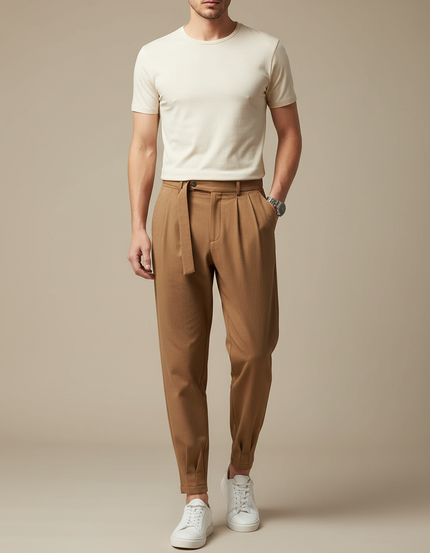 Pantalon Marron Plissé Ceinturé Élégant Décontracté Homme - Gabardine
