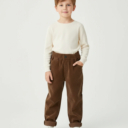 Pantalon Marron Côtelé Ample Décontracté Unisexe - Cordé
