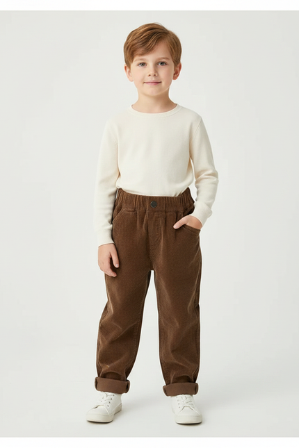 Pantalon Marron Côtelé Ample Décontracté Unisexe - Cordé