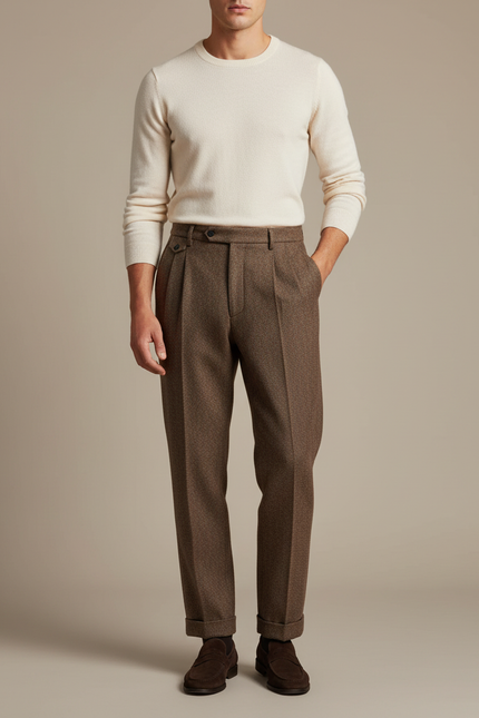 Pantalon Marron Laine Droit Plissé Homme Hiver - Tweed