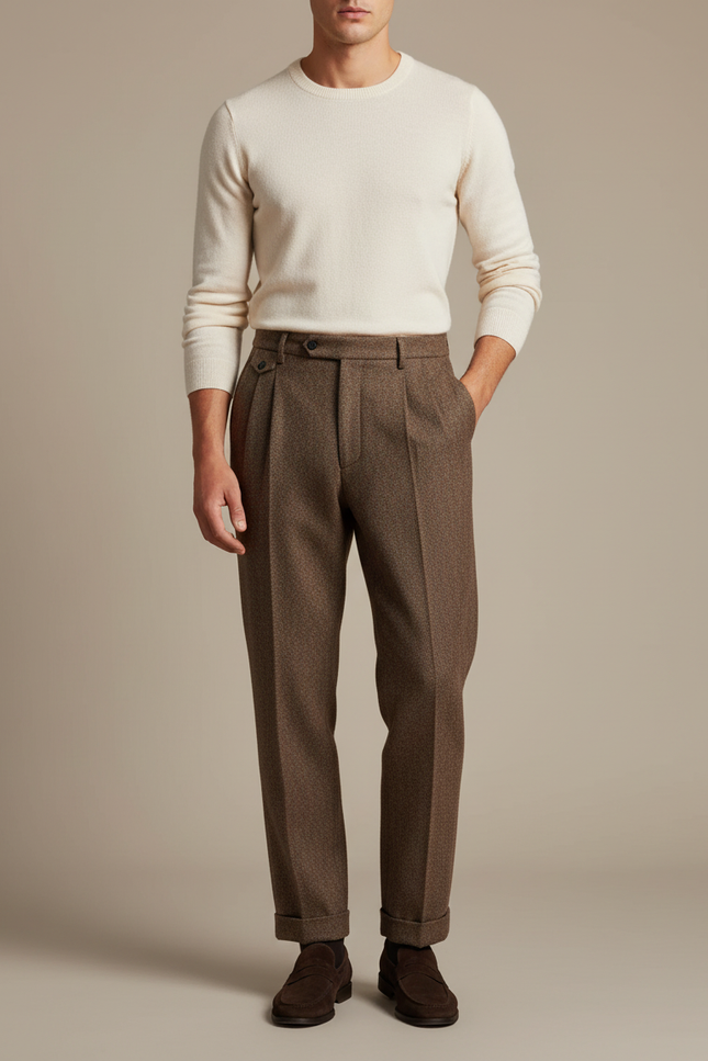Pantalon Marron Laine Droit Plissé Homme Hiver - Tweed