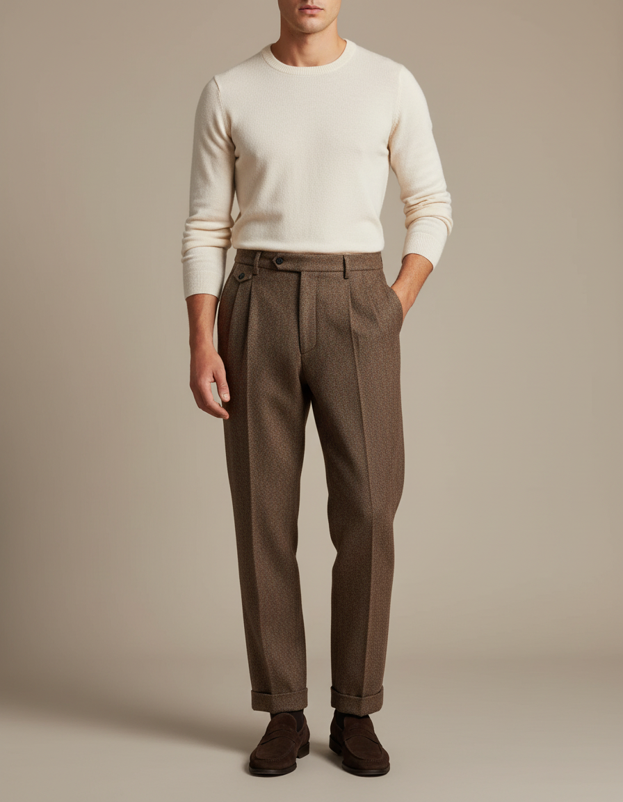 Pantalon Marron Laine Droit Plissé Homme Hiver - Tweed