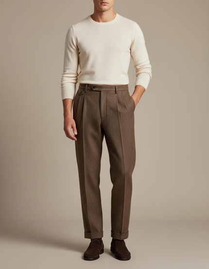 Pantalon Marron Laine Droit Plissé Homme Hiver - Tweed