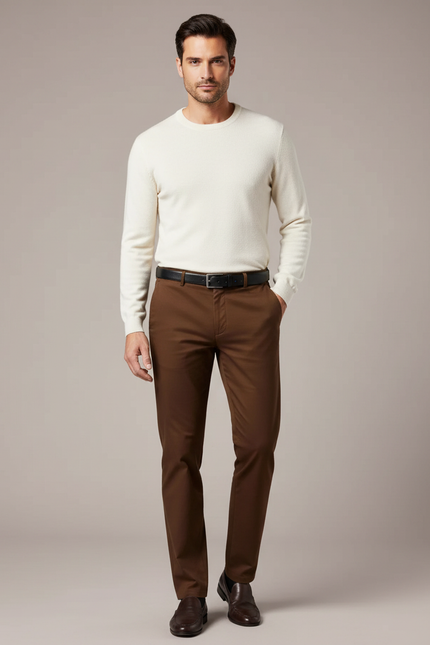 Pantalon Marron Coton Droit Classique Homme