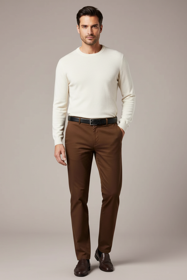 Pantalon Marron Coton Droit Classique Homme