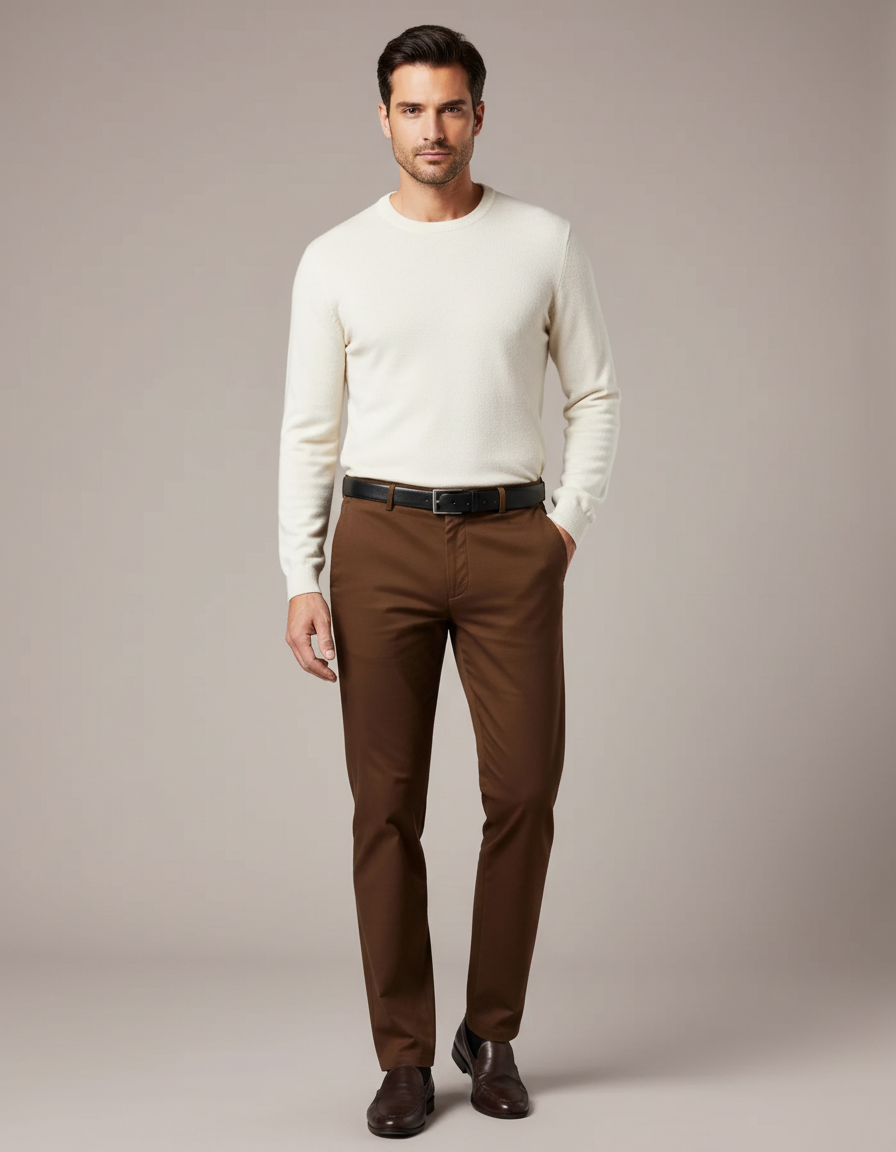 Pantalon Marron Coton Droit Classique Homme
