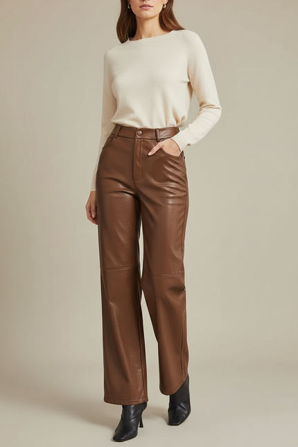 Pantalon Marron Cuir Simili Ample Élégant - Simili cuir