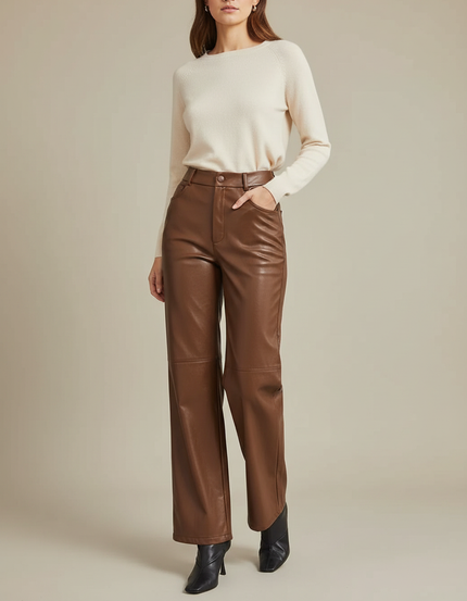 Pantalon Marron Cuir Simili Ample Élégant - Simili cuir