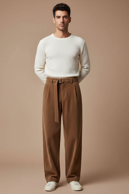 Pantalon Marron Côtelé Ample Décontracté Ceinturé Homme - Cordé