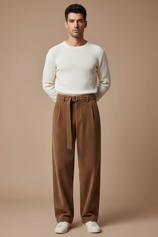Pantalon Marron Côtelé Ample Décontracté Ceinturé Homme - Cordé