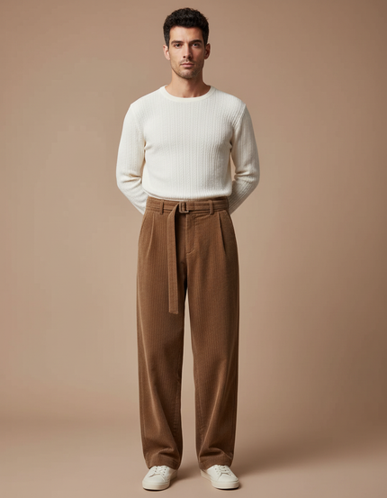 Pantalon Marron Côtelé Ample Décontracté Ceinturé Homme - Cordé