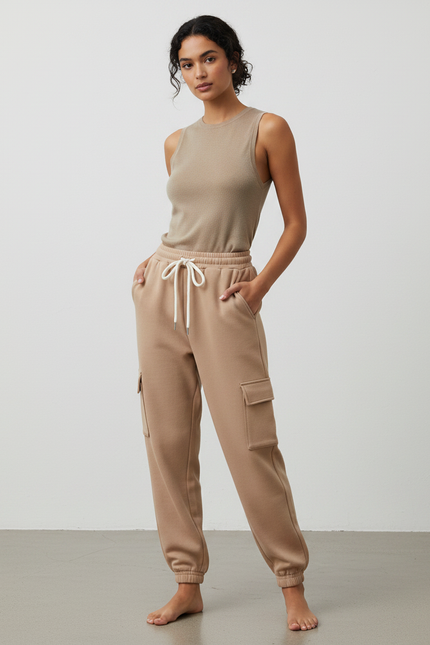 Pantalon Marron Cargo Molletonné Ample Femme - Beige