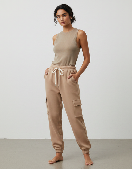 Pantalon Marron Cargo Molletonné Ample Femme - Beige