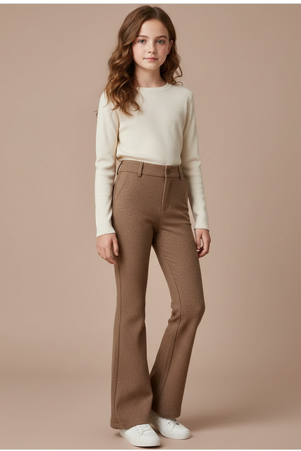 Pantalon Marron Évasé Taille Haute Motif Discret - Tweed