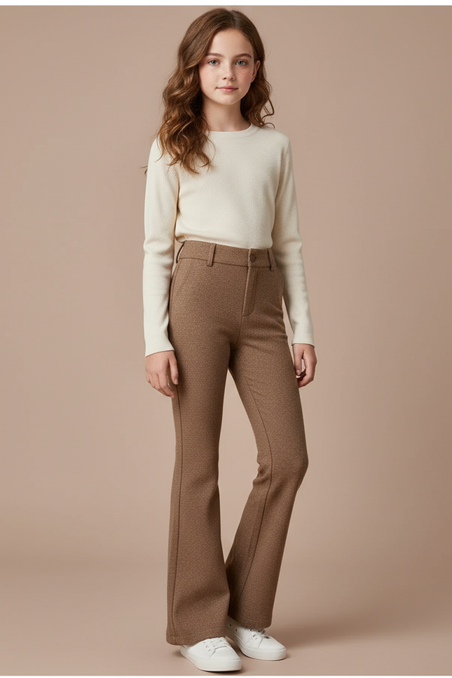 Pantalon Marron Évasé Taille Haute Motif Discret - Tweed