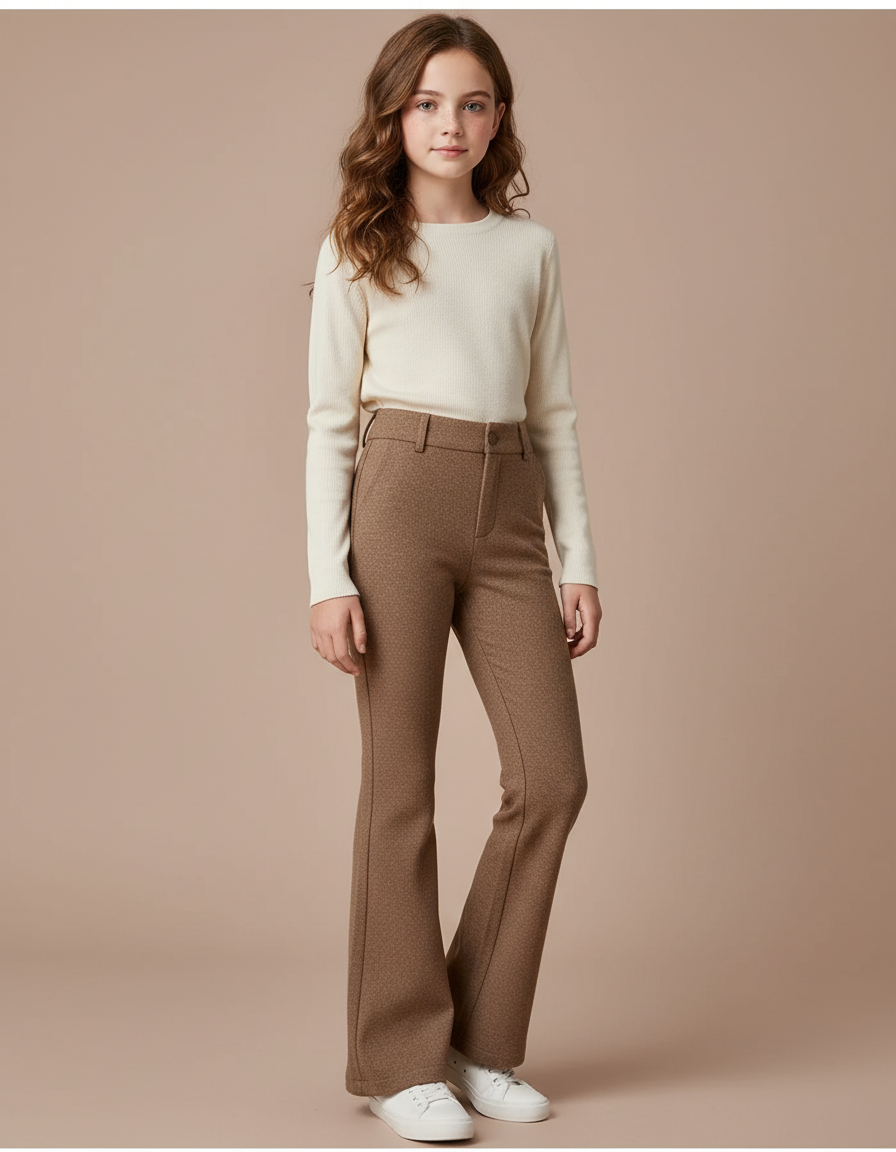 Pantalon Marron Évasé Taille Haute Motif Discret - Tweed