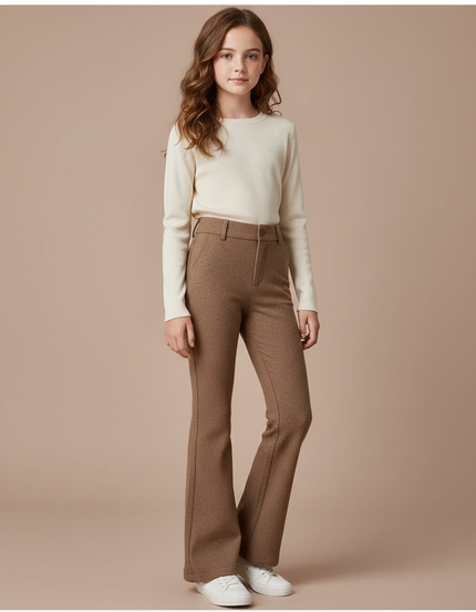 Pantalon Marron Évasé Taille Haute Motif Discret - Tweed