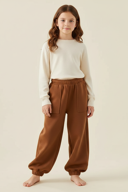 Pantalon Marron Ample Coton Élastique Enfant Confortable - Molleton