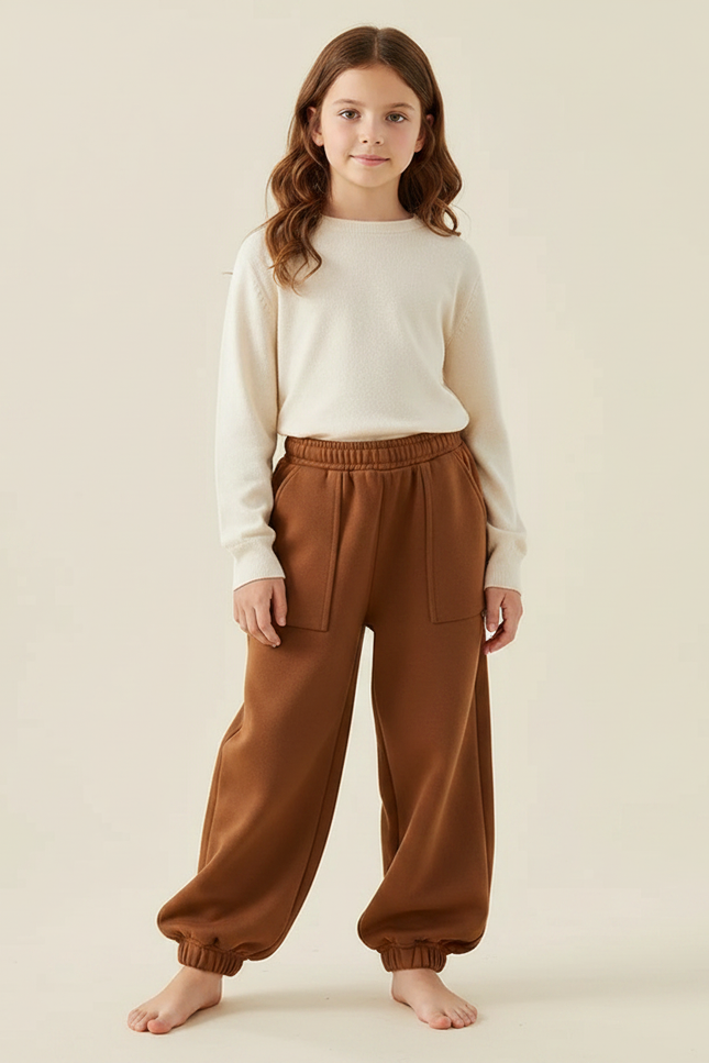 Pantalon Marron Ample Coton Élastique Enfant Confortable - Molleton