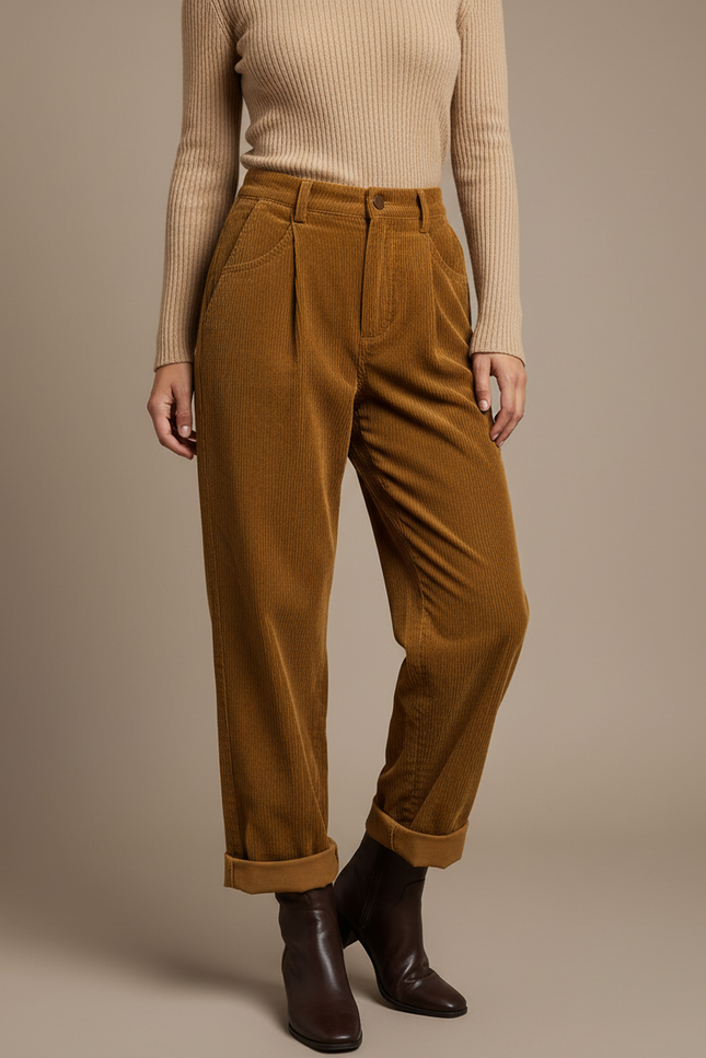Pantalon Marron Côtelé Taille Haute Ample Droit - Cordé