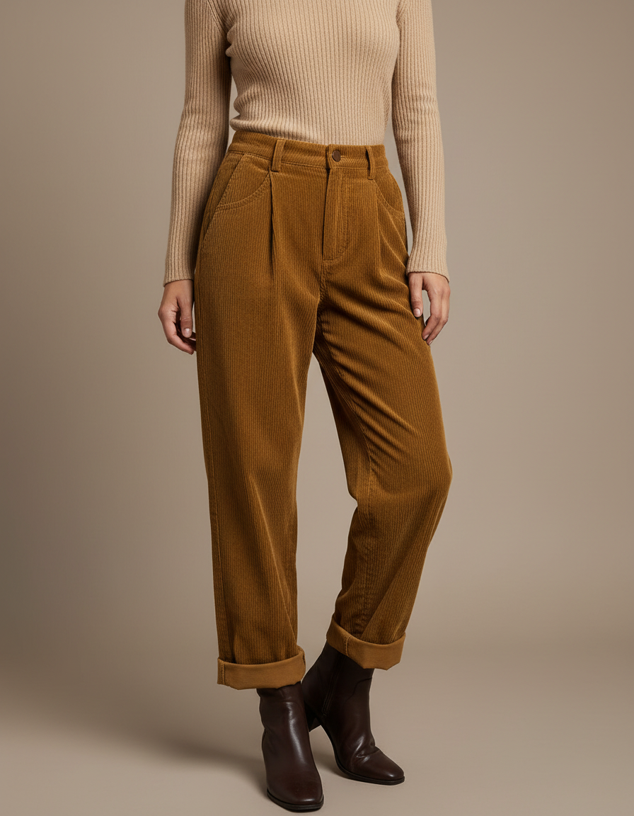 Pantalon Marron Côtelé Taille Haute Ample Droit - Cordé