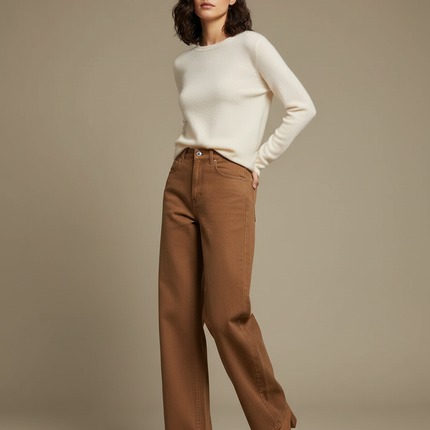 Pantalon Marron Denim Taille Haute Jambe Large - Jean