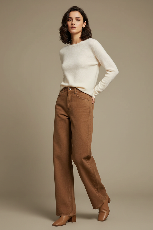 Pantalon Marron Denim Taille Haute Jambe Large - Jean