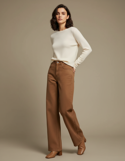 Pantalon Marron Denim Taille Haute Jambe Large - Jean