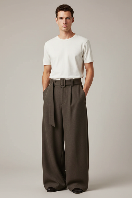 Pantalon Marron Ample Drapé Ceinturé Décontracté Homme - Gabardine
