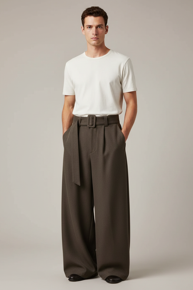 Pantalon Marron Ample Drapé Ceinturé Décontracté Homme - Gabardine