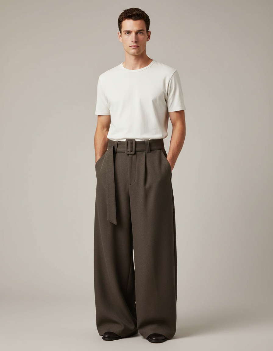 Pantalon Marron Ample Drapé Ceinturé Décontracté Homme - Gabardine