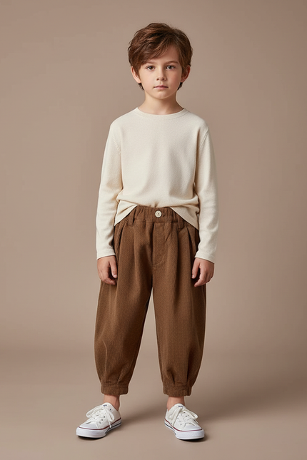 Pantalon Marron Côtelé Ample Enfant Coton - Cordé