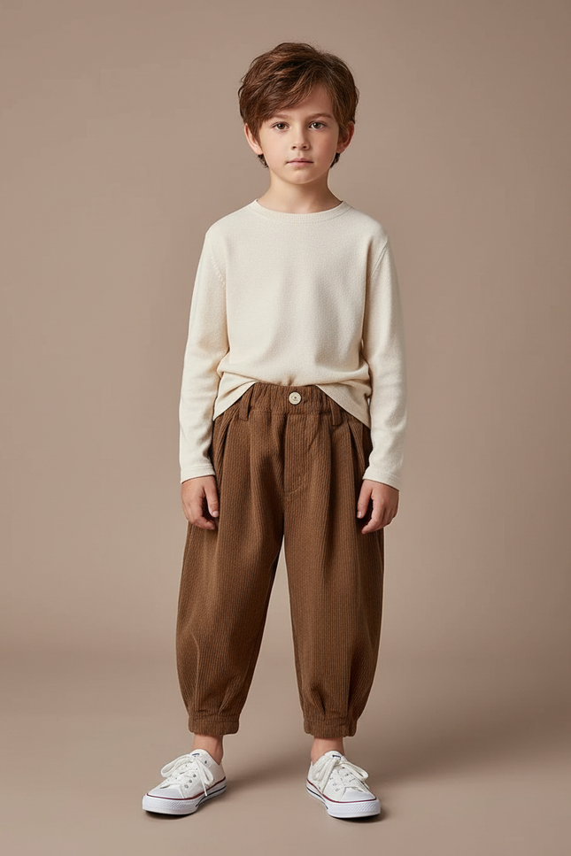 Pantalon Marron Côtelé Ample Enfant Coton - Cordé