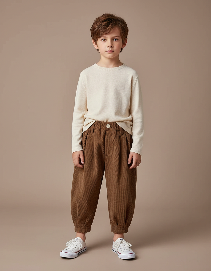 Pantalon Marron Côtelé Ample Enfant Coton - Cordé