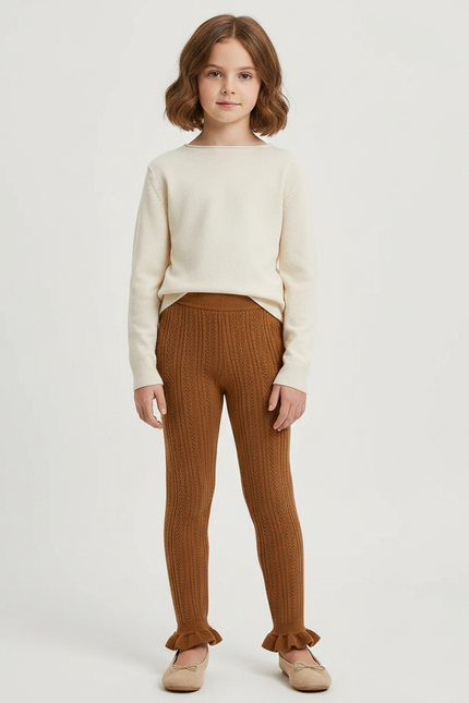 Pantalon Marron Tricoté Câblé Volants Fille Confortable - Maille