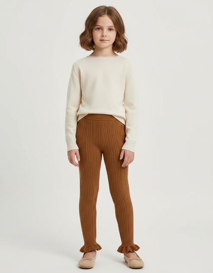 Pantalon Marron Tricoté Câblé Volants Fille Confortable - Maille