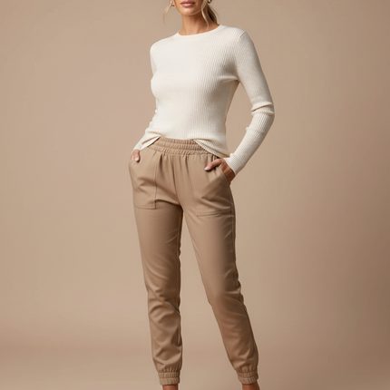 Pantalon Marron Similicuir Taille Haute Décontracté Femme - Camel Simili cuir